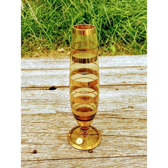 Vintage Glass Mid century Citrine Yellow Gold Stripe Bud Vase Romania - Picture 10 of 11